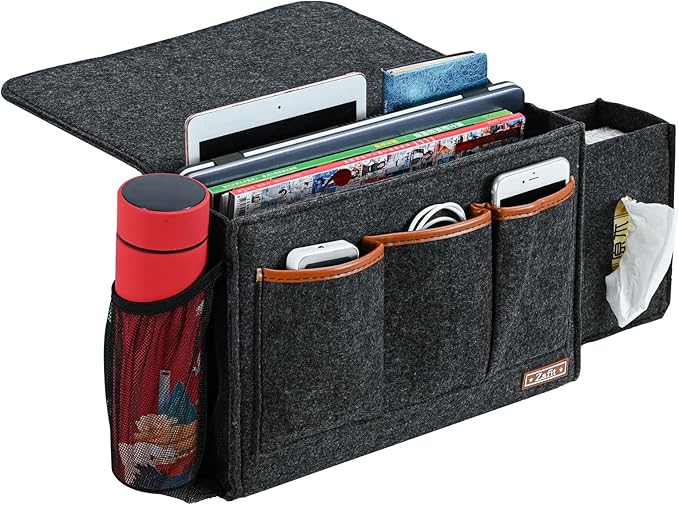 Bedside Caddy, Large Size Storage Organizer - Bedside Organizer for Magazine, Remotes, Phone (13.4'' x 18.1'' Tissue Box Holder, Dark Grey)