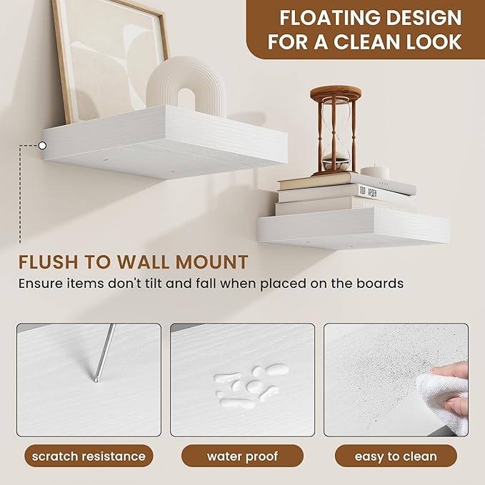 fuqing Floating Shelves for Wall, Wall Mounted Wood Floating Shelf with Invisible Brackets for Living Room, Bathroom, Bedroom, Kitchen Storage and Decor, 6.5 Inch Set of 3, White