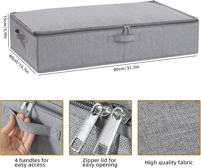 Underbed Storage Organizers, 31.5 x 15.7 x 5.9 Inch Container Bags with Lids, Storage Boxes With Handles for Blanket, Pillows, Shoes, Grey, 3 Pack