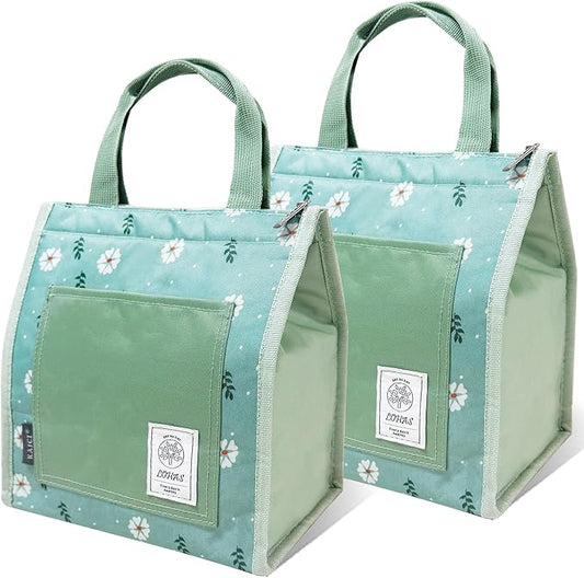 Lunch Bag for Women Men, Reusable Leakproof Lunch Tote with Thermal Lining, 7L Insulated Portable Lunch Box Cooler Bag for Work, Office, Picnic, Beach & Travel –Green Flower(2PACK)