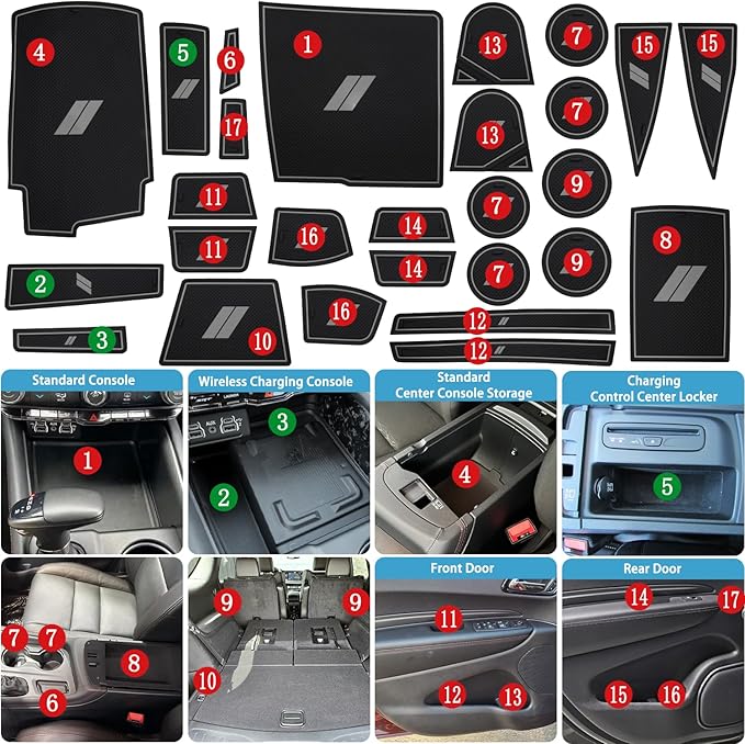 Center Console Liner for Dodge Durango 7-Seater Accessories 2021-2023 2024 2025 2026, Cup Holder Mat, Door Slot Pad, Coaster Trim, Non-Slip Dust Interior, Custom Rubber Insert (27pcs, Gray)