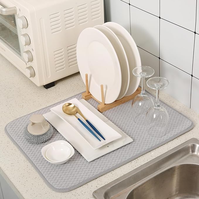 VESHE 2 Pack Microfiber Dish Drying Mat for Kitchen Counter,Ultra Absorbent Dish Drainer Mat ,Dish Drying Pad , Dish Rack Mat 20×15 Inch (Silver Gray)