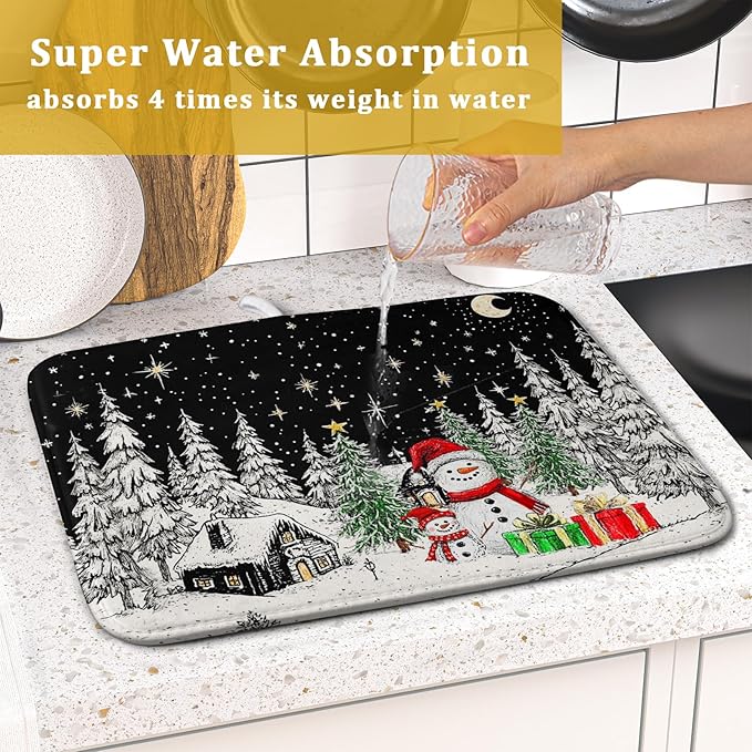 Winter Snowman Dish Drying Mat 18 X 16 in Black Microfiber Dish Pad Absorbent Holiday Kitchen Accessories