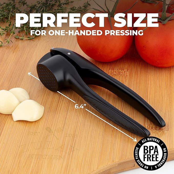 Zulay Kitchen Large Premium Garlic Press Set – Rust Proof & Dishwasher Safe, Bigger Bowl Garlic Mincer Tool with Silicone Garlic Peeler & Brush, Easy Squeeze & Clean, Ergonomic Handle - Black
