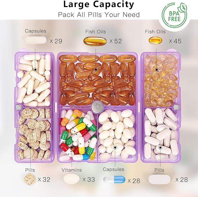 FYY Daily Pill Organizer,7 Compartments Portable Pill Case Travel Pill Organizer,[Folding Design] Large Pill Box for Purse Pocket to Hold Vitamins,Cod Liver Oil,Supplements and Medication-Clear Purple