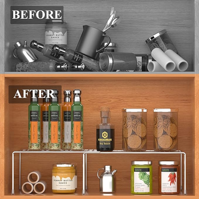 Kitchen Cabinet Expandable Shelf Organizers, Adjustable Metal Wire Pantry Storage Shelves, Plate Dish Organizer Rack for Cabinets, Cupboard, Counter, Freezer, Countertop, Chrome