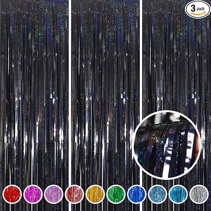 Foil Fringe Curtains New Year’s Eve Party Decorations - Melsan 3 Pack 3.2 x 8.2 ft Black Tinsel Curtain Photo Backdrop for Birthday Decorations Retirement Party Decorations Black