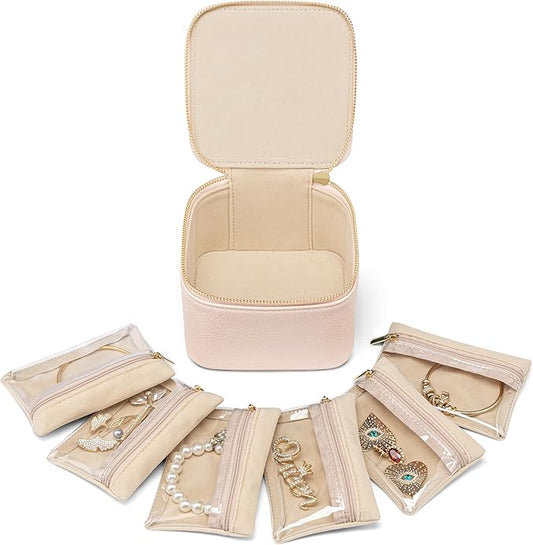 Vlando Travel Jewelry Case,Jewelry Organizer with 6 zipper velvet Jewelry bags for Women Girl,Wedding Birthday Gift Ideas for Women Earrings Rings Storage Gift Box Packaging Pink
