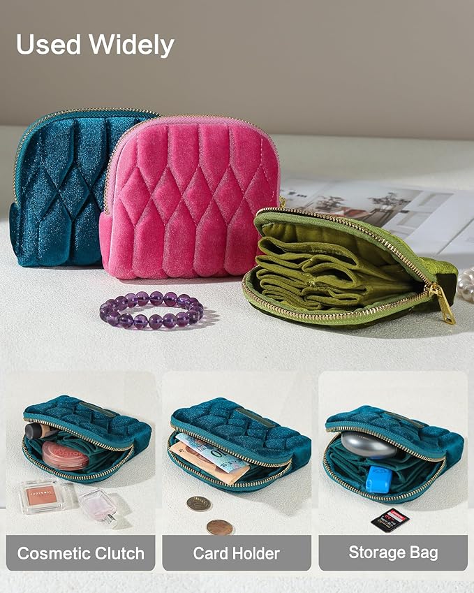 Small Travel Jewelry Case, Mini Travel Jewelry Bag with Zipper, 5-Layer Velvet Organizer Pouch for Bracelet Rings Earrings - Diamond Stitched Velvet Rose Purple