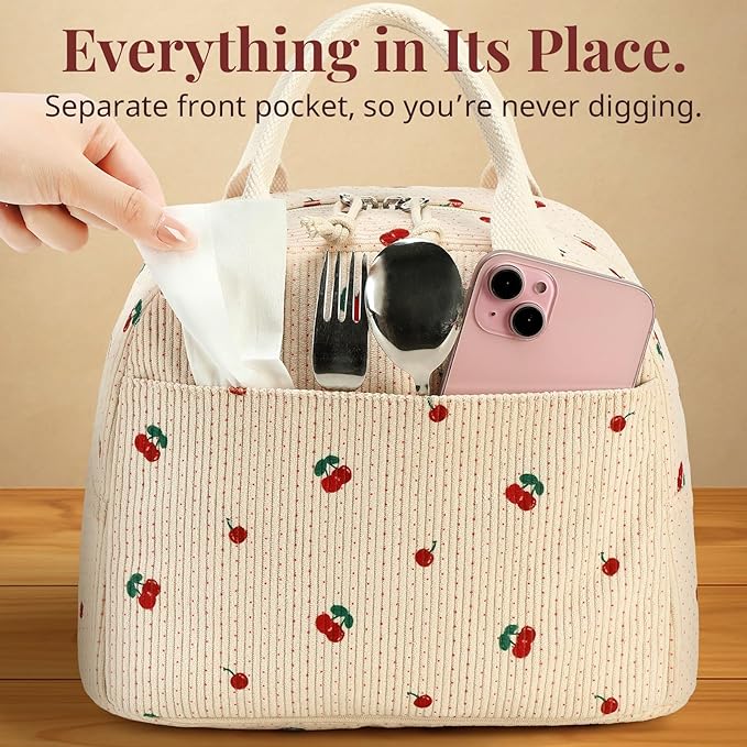 LOVELYWIND Insulated Cherry Lunch Bag for Women, Stylish Corduroy Tote with Aluminum Lining, Large Capacity Reusable Cooler for Work, Travel, Beach or Picnic, Beige Cream Water-Resistant Lunch Box