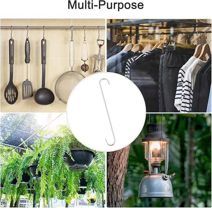 uxcell S Hanging Hooks, 12inch/300mm Extra Long Steel Hanger, Indoor Outdoor Uses for Garden, Bathroom, Closet, Workshop, Kitchen, Silver Tone, 6Pcs