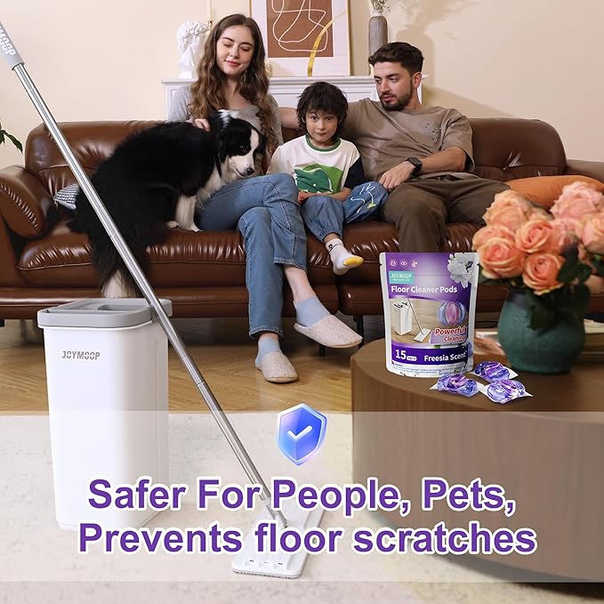 JOYMOOP Mop and Bucket Set with Freesia Scent Floor Cleaner Pods, Commercial and Household Flat Mop System with 3 Reusable Microfiber Pads and 15 Mop Soap Pods for Efficient Floor Cleaning