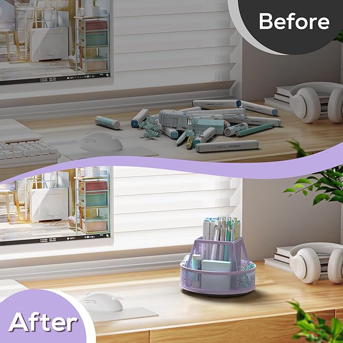 YINGHUA Metal Mesh Desk Organizer with 5 Compartments and Rotating Pencil Holder Pen and Stationery Organizer for Office Home School Anti Slip Base Purple