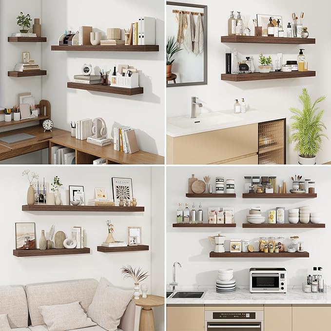 fuqing Floating Shelves for Wall, Wall Mounted Wood Floating Shelf with Invisible Brackets for Living Room, Bathroom, Bedroom, Kitchen Storage and Decor, 32 Inch Set of 2, Walnut