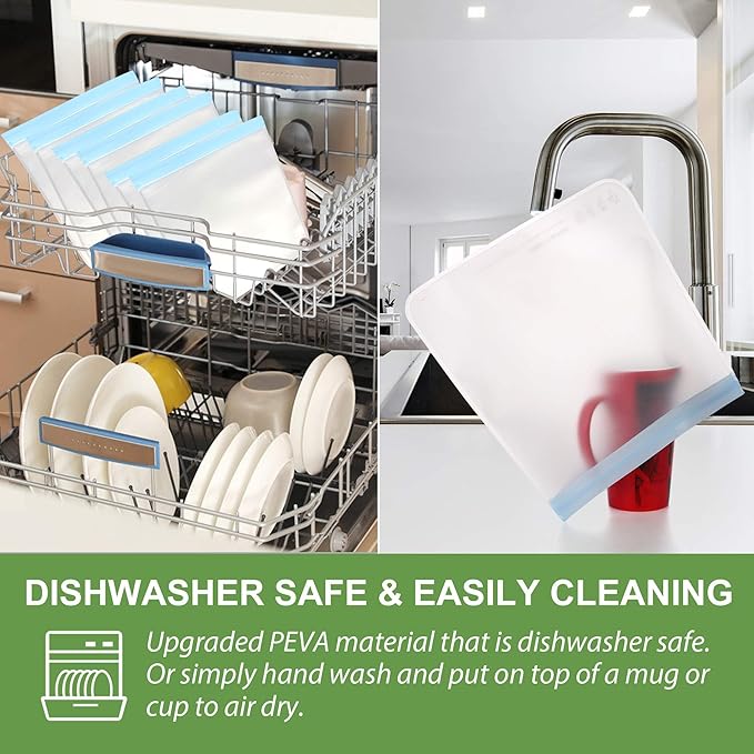 6 Pack Dishwasher Safe Reusable Gallon Freezer Bags Food Storage Bags, Extra Thick Leakproof Silicone & Plastic Free Ziplock Bags for Meal Prep, Fruits, Sandwich, Snack, Travel Items