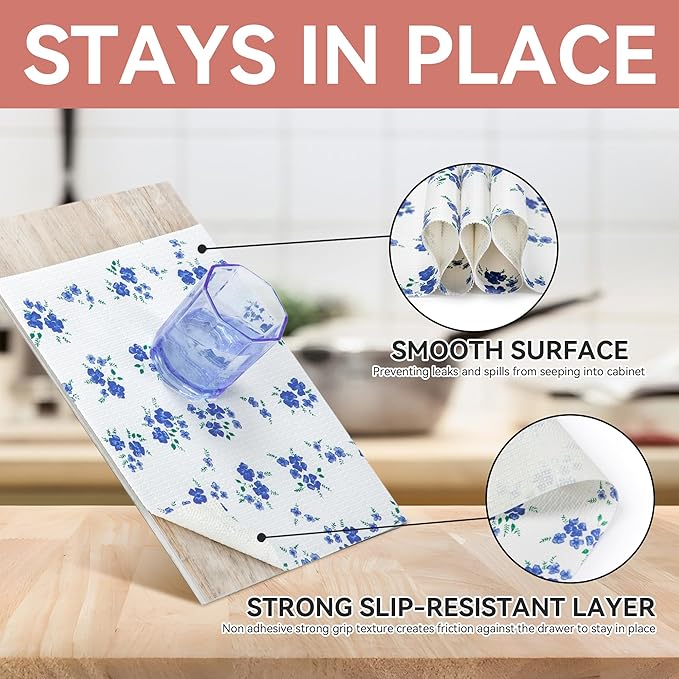 RAY STAR Shelf Liner, Non Adhesive Blue Floral Kitchen Cabinet Liner for Pantry Drawer Vanity, Strong Grip Non Slip, Shelf Liners for Cupboard 18 Inch x 8 FT (7 Rolls) Signature Delivery