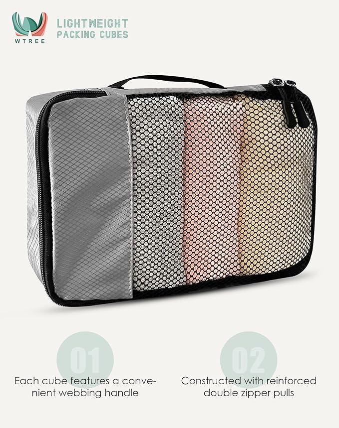 4-Piece Packing Cubes Travel Accessories Set for Suitcases - Luggage Organizer Bags with Double Zipper - Mesh Top - Small/Medium/Large/Slim - Grey
