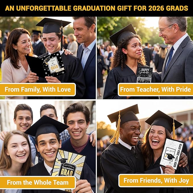 AUDREE Gold Foil Graduation Cards 2026 (5x7) - 12 Pack Grad Design with Envelopes & Stickers Bulk Assortment for College & High School, Congrats Grad Gifts Decorations for Him Her (Printed Messages)