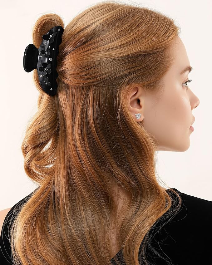 3PCS Acrylic Flower Hair Claw Clips - 2 Styles Durable Medium Small Claw Clips for Women, Strong Hold Cute Non Slip Stylish Accessories Decroation Buns for Thick Thin Hair (black)
