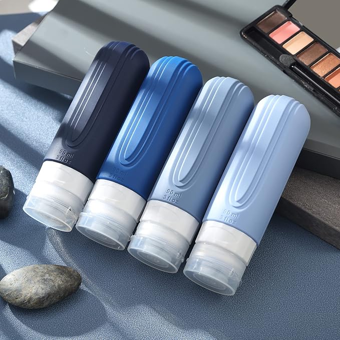 Travel Bottles for Toiletries, Tsa Approved 3oz Travel Size Containers BPA Free Leak Proof Refillable Liquid Silicone Squeezable Travel Accessories for Shampoo Conditioner Lotion (4 Pack)