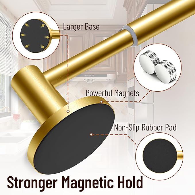 Magnetic Towel Bar, Adjustable Towel Rod with Larger Magnetic Base & Hidden Magnet Design, Non-Slip Magnetic Towel Holder for Refrigerator, Dishwasher, Oven, Washer (Brushed Gold, 1Pack)