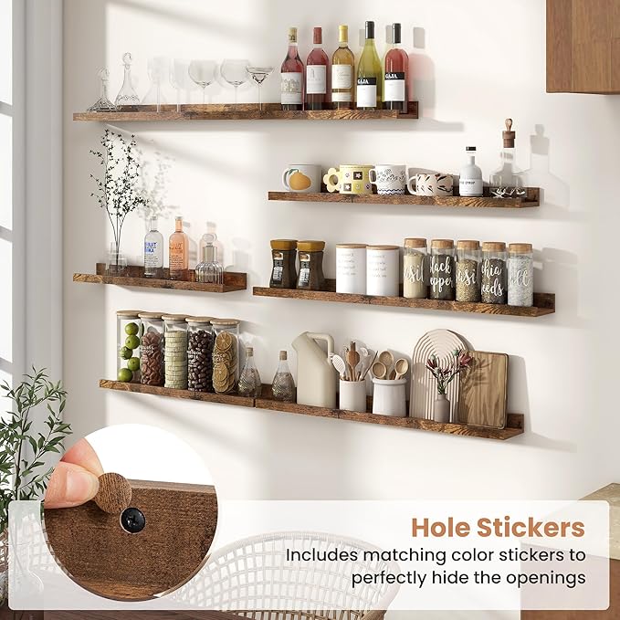 Fun Memories Picture Ledge Shelves Set of 2, 24 Inch Rustic Wall Mounted Floating Shelves with Lip for Home Storage and Décor in Bathroom, Kitchen, Nursery, Bedroom, Living Room, Brown