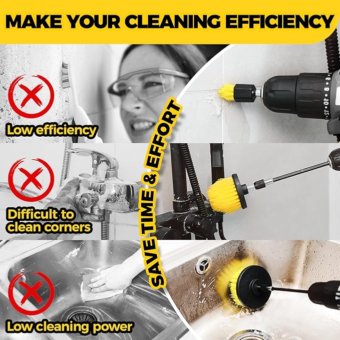 Holikme 6Pack Drill Brush Power Scrubber Cleaning Brush Extended Long Attachment Set All Purpose Drill Scrub Brushes Kit for Grout, Floor, Tub, Bathroom and Kitchen Surface,Scratch Brushes（Yellow）