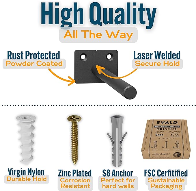 EVALD Standard Floating Shelf Bracket | 6-inch Brackets for Shelves with Anchors and Screws | Invisible Shelf Supports for Home and Office Decor | Suitable for Fireplace Various Wall Types (6 Inch)