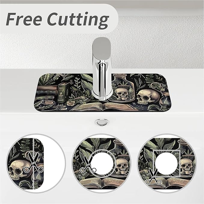 Kitchen Sink Splash Guard，Books and skulls Faucet Mat Sink Gadgets-Super Absorbent Fast Drying Mat Drip Catcher for Kitchen, Bathroom,Sink Mat, Dish Drying Mat, Bathroom(15" X 5.5" )