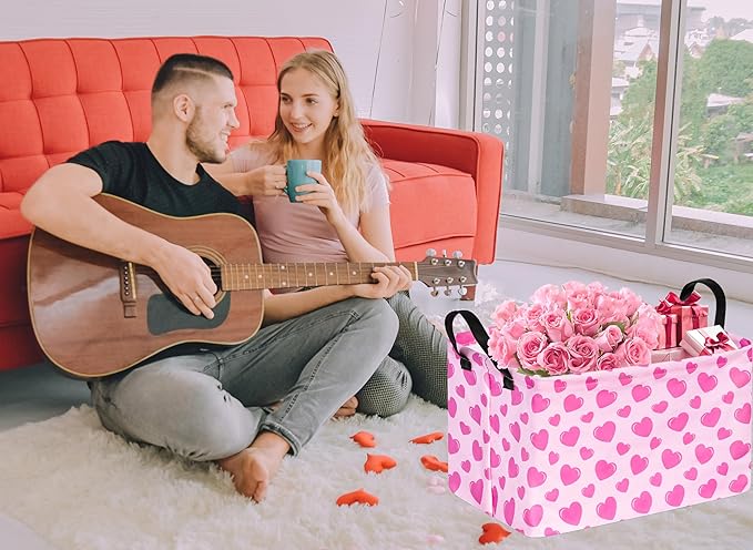 Rec Heart Print Box Hamper Storage Basket Collapsible Organizer Bin Gift Shelf Baskets for Home and Kitchen Storage