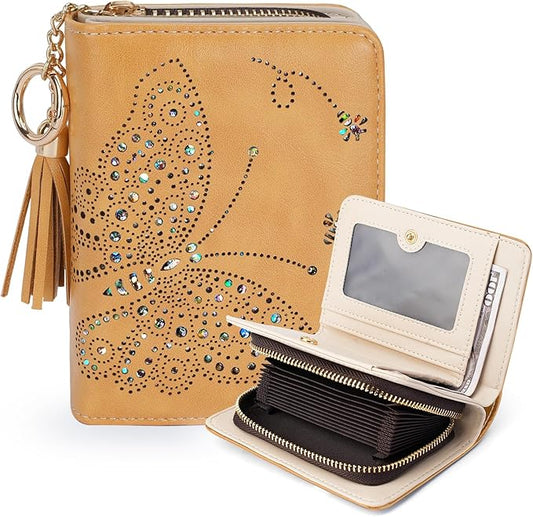 Women RFID Blocking Small Bifold Wallet, Compact Cash Clutch with Zipper Coin Pocket, Glittery Butterfly Design, Credit Card Holder, Travel Purse with Tassel YELLOW