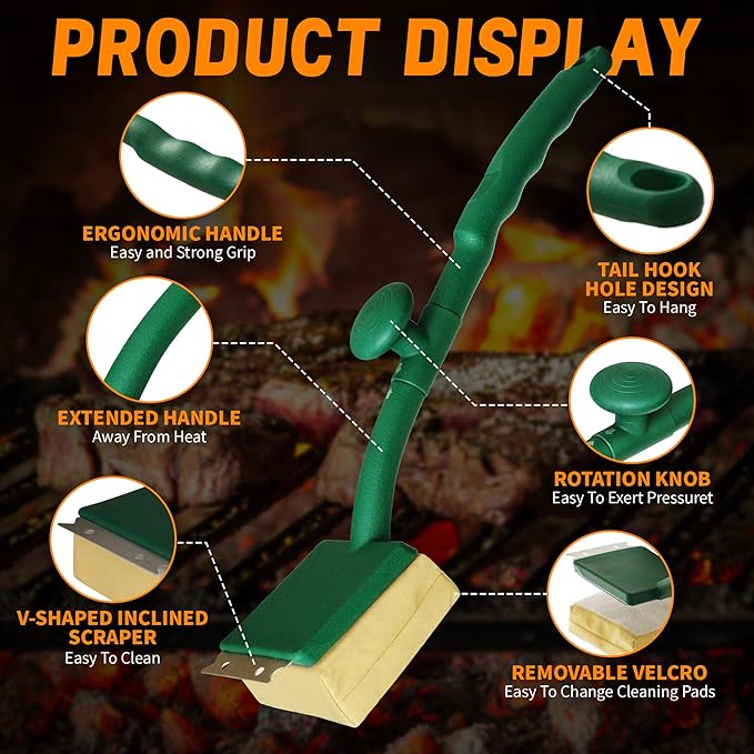 Grill Brush Bristle Free, BBQ Replaceable Cleaning Head, Safe Barbecue Grill Cleaner, with Seamless Fit Scraper Tool for Cast Iron, Stainless-Steel Grates - Green