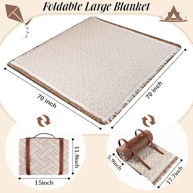VitalCozy Waterproof Picnic Blankets Outdoor Blanket Foldable 2 in 1 Double Layer Sandproof Beach Mat with Carry Strap for Camping Lawn Park Beach Grass(Khaki)
