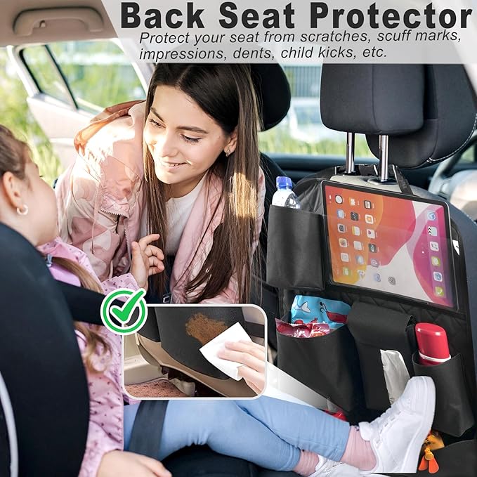 Car Seat Organizers, Multi-functional Back Seat Protectors, Storage Pouches, Child Kicking Prevention and Tray Holders Kick Mats Back (for Cars, Kids, and Rear Seats) (Black, 2 Pack)