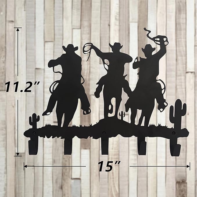 Western Cowboy Coat Hooks Wall Art Decor-Cowboy Hangers and Key Hooks Holder-Clothes Hat Rack and Backpack Hanger-Sweet Home Decor for Storage, Living Room, Hallway, Office (Black)