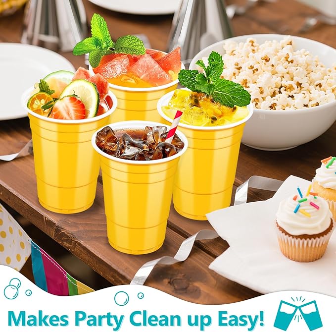 LANLISA 50 Yellow Plastic Cups, 16 oz Disposable Cups, Drinking Cups For Birthday Party, Picnic, Easter
