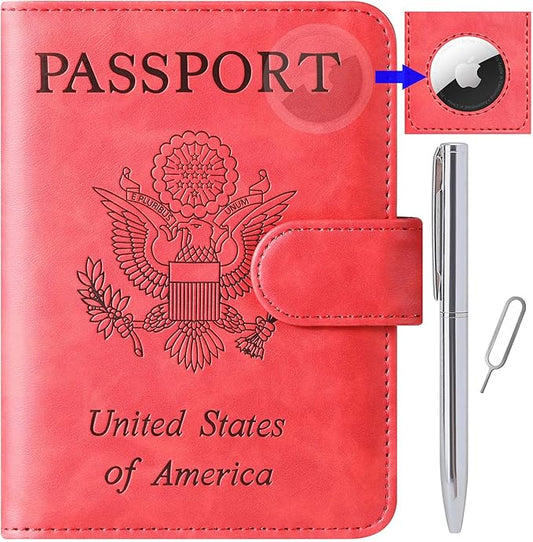Airtag Passport Holder Cover Wallet Travel Essentials Leather Rfid Blocking Case Vacation Luggage Must Haves Travel Accessories for Men Women (117#Red)