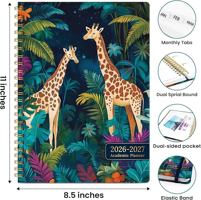 Academic Planner 2026-2027, Weekly and Monthly Calendar Book, July 2026 – June 2027, Hardcover Planner with Tabs, Perfect for Teachers, Students, Women & Men, A4 (8.5" x 11") - Giraffes