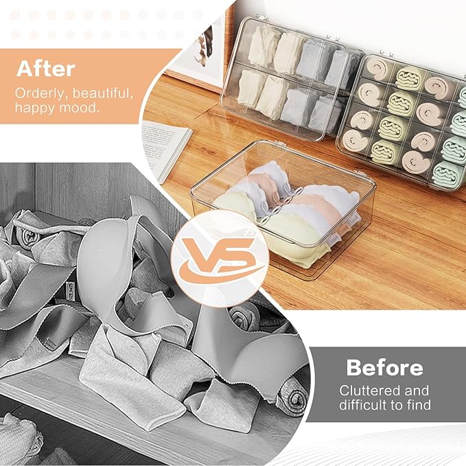 Sock Underwear Organizer, 16 Compartment Adjustable Dividers Bras Socks Underwear Drawer Organizers for Closet, Clear Plastic Storage Containers Box with Lids for Ties Bra Scarf Socks