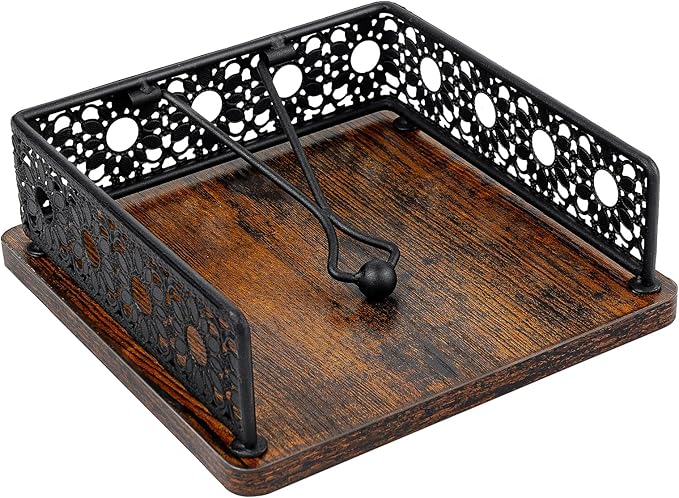 Wooden Napkin Holder for Table, Farmhouse Napkin Holder with Weighted Arm Iron Ball, and Vintage Sunflower Edging for Kitchen, Home, Countertop, Bar, Restaurant (Black Iron with Wood)