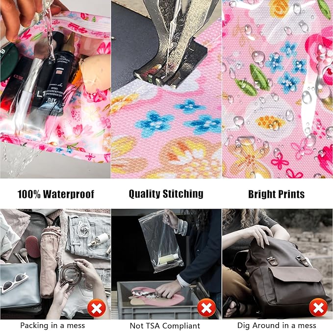 TSA Approved Toiletry Bag, Set of 3 Clear Travel Toiletry Bag Quart Size Zipper Travel Pouch, Waterproof Makeup Cosmetic Bag for Women Men Kids Toiletries Carry on, Flowers