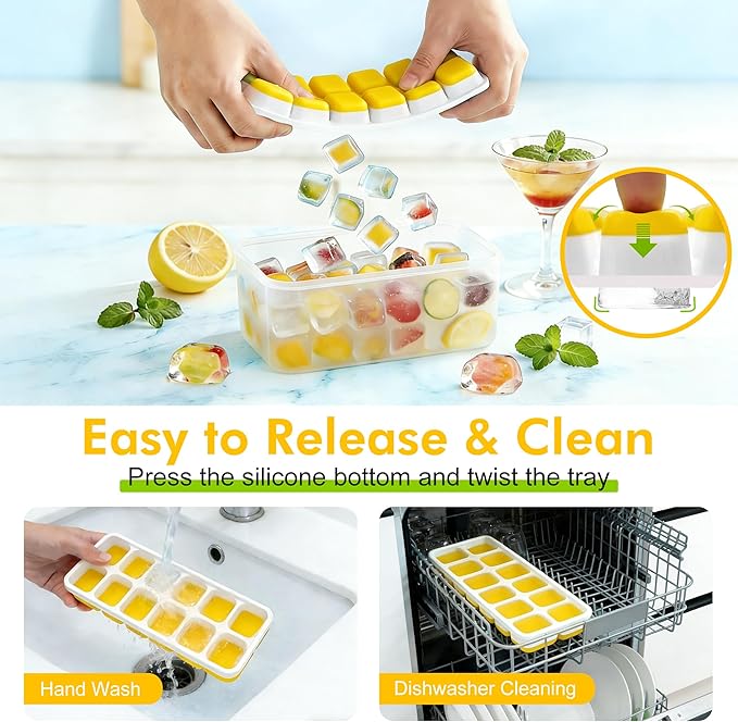 NFK Ice Cube Tray with Lid & Bin - 4 Pack 48 Cubes Stackable Silicone Trays for Freezer with Storage Container, Leak-Proof Lids, BPA-Free, Easy Release for Kitchen, RV, Party, Cocktail & Coffee