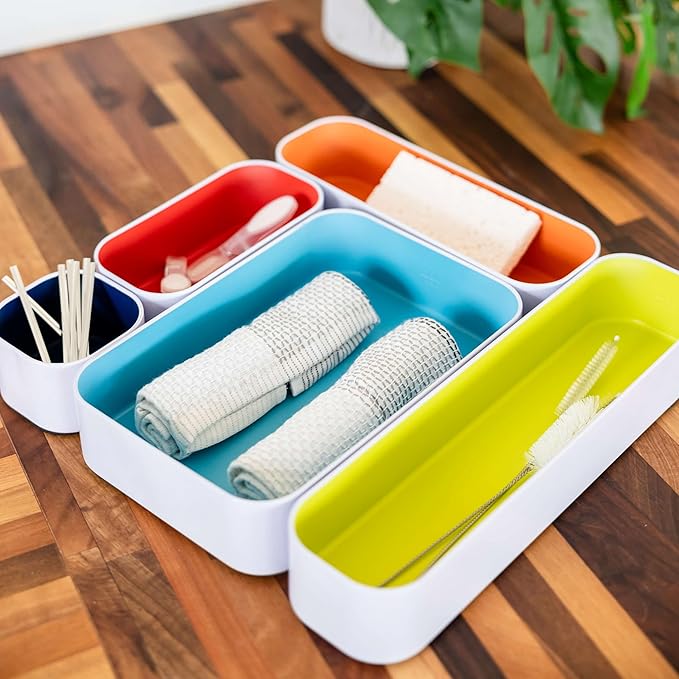 Three by Three Seattle 10-Piece Metal Organizer Tray Set for Storing Makeup, Stationery, Utensils, and More in Office Desk, Kitchen and Bathroom Drawers (2 Inch, Assorted Colors)