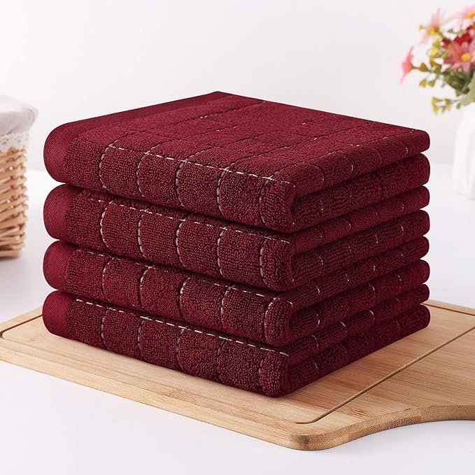 Homaxy 100% Cotton Terry Kitchen Towels(Burgundy Red, 13 x 28 inches), Checkered Designed, Soft and Super Absorbent Dish Towels, 12 Pack
