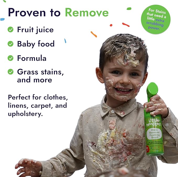 Little Monsters Mess Remover Foaming Brush 5 fl oz (150ml) | Kid-Friendly Laundry Stain Remover Spray, Newborn Essentials & Baby Essentials, For Tougher Stains on Clothes, Shoes, Upholstery, & More