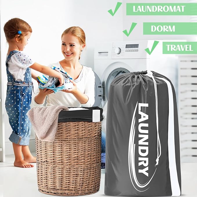 Sylfairy 2 Pack XL Laundry Bag with Strap, Heavy Duty Travel Laundry Bag, Rip-Stop Dirty Clothes Shoulder Bag with Drawstring, Easy Fit a Laundry Hamper or Basket Travel Essentials