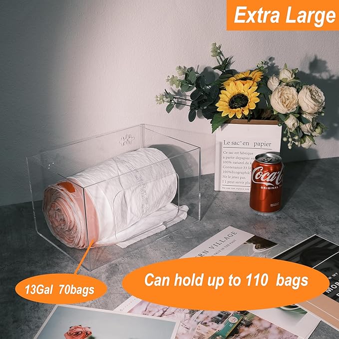 SEANADO Extra Large Trash Bag Dispenser Roll Holder, Wall Mount Acrylic Kitchen Under Sink Organizer Storage Box Large Garbage Bags (10.43” x 7.5” x 6.9” without Lid)