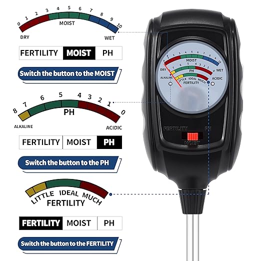 3-in-1 Soil Test Kit, Soil Moisture Meter/Soil pH Meter/Soil Fertility Tester, Soil Moisture Meter for Garden, Farm, Indoor, Outdoor and Lawn Care (Bright Black)