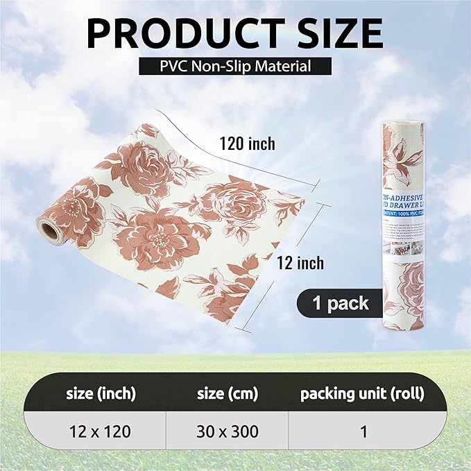 FIFTY FEET 12X120 Inch Shelf Liner for Kitchen Cabinets, PVC Drawer Liner for Dresser Non-Slip Bathroom, Non-Adhesive Cabinet Liner Washable (Red Flower)(1 Roll)