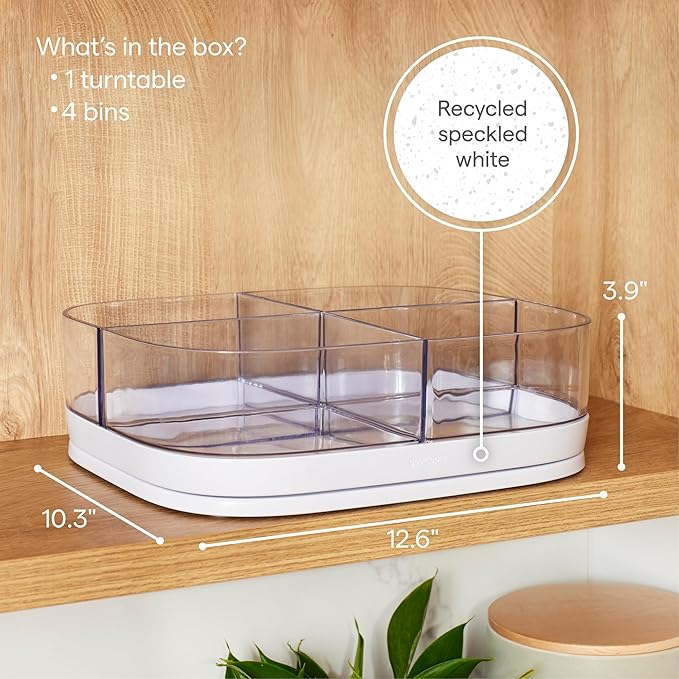 YouCopia MagicTrack Rectangle Lazy Susan Turntable with 4 Clear Storage Bins: Rotating Cabinet Organizer for Kitchen or Bathroom Items, 360° Spin, Non-Slip, White Speckled BPA-Free